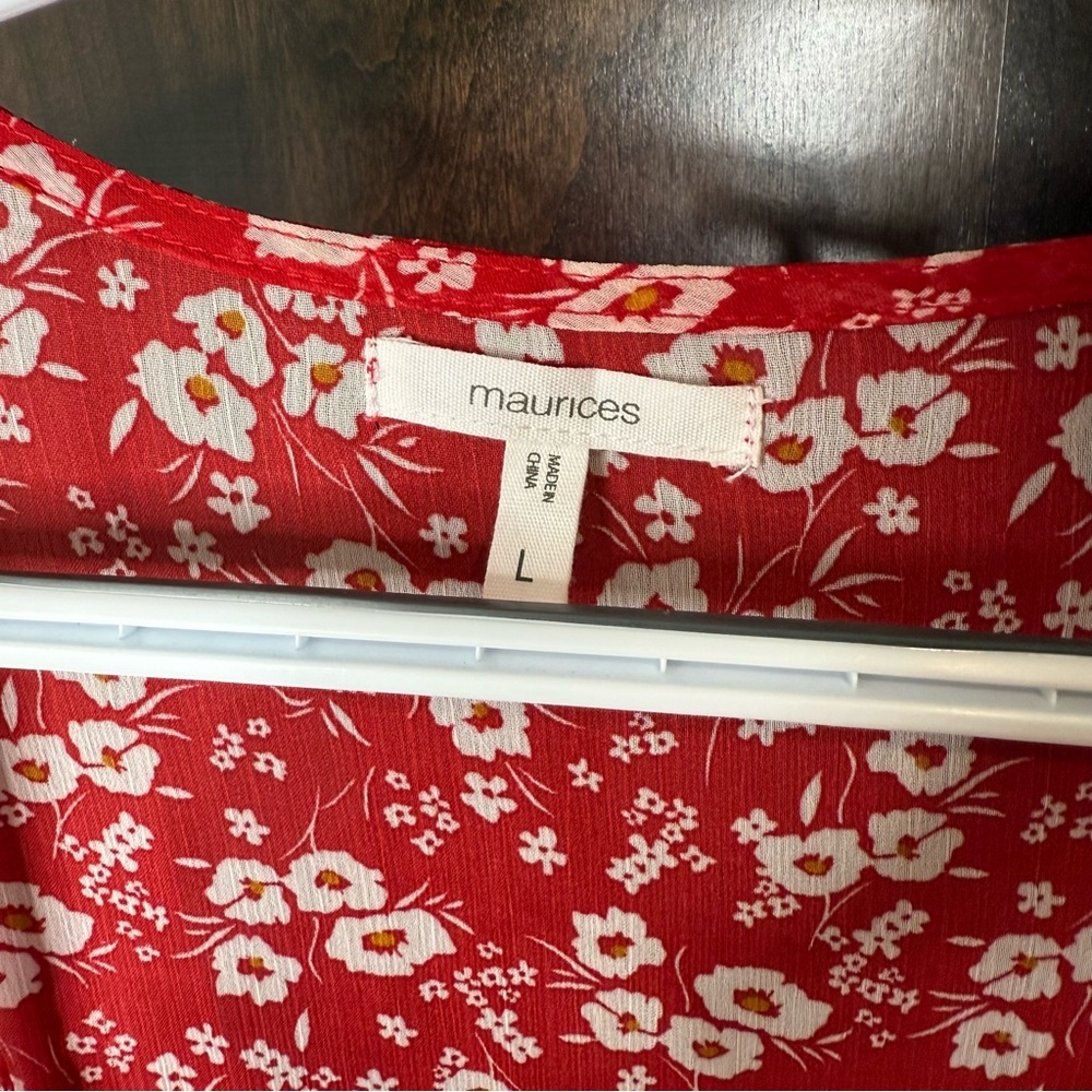 Maurices Ditsy Floral Crochet Trim Open Front Kimono red & white Floral Size L - Picture 4 of 9